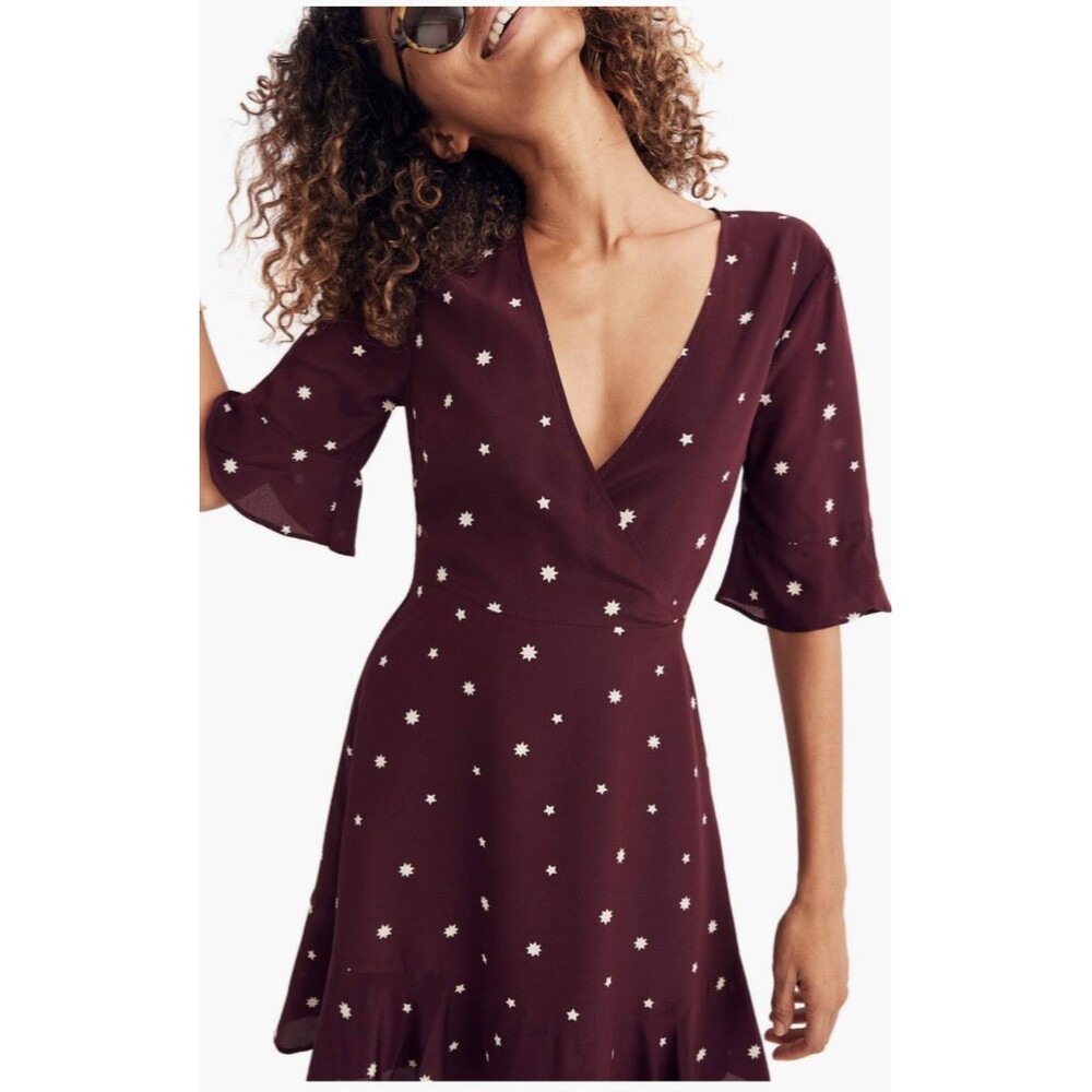 Madewell Women’s Silk Star Print Mini Dress size 6 Flutter Sleeve & Hem Holidays